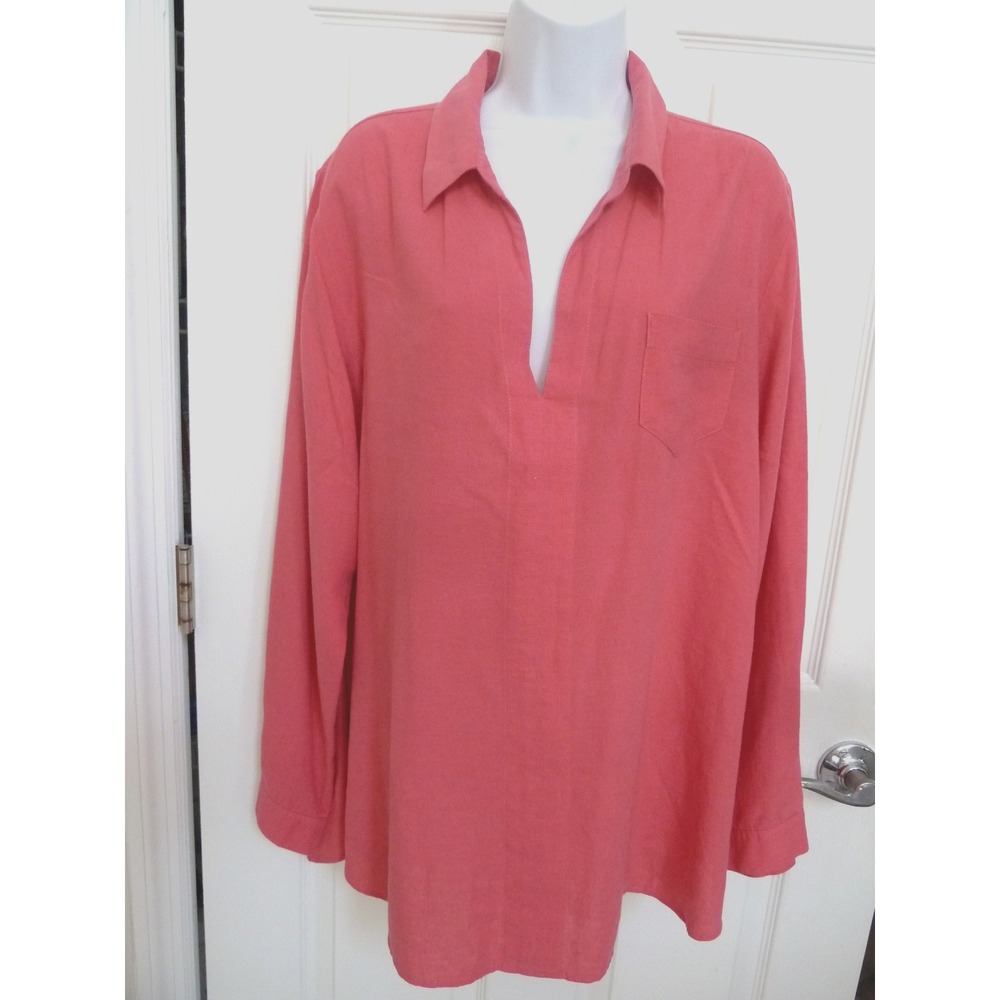 Nine West Pink Linen Blend Tunic Blouse Roll Tab Sleeve V-Neck Pullover XL